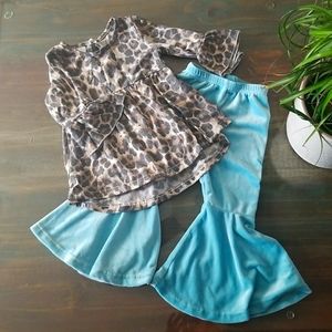 leopard print baby doll top with blue velvet bottoms